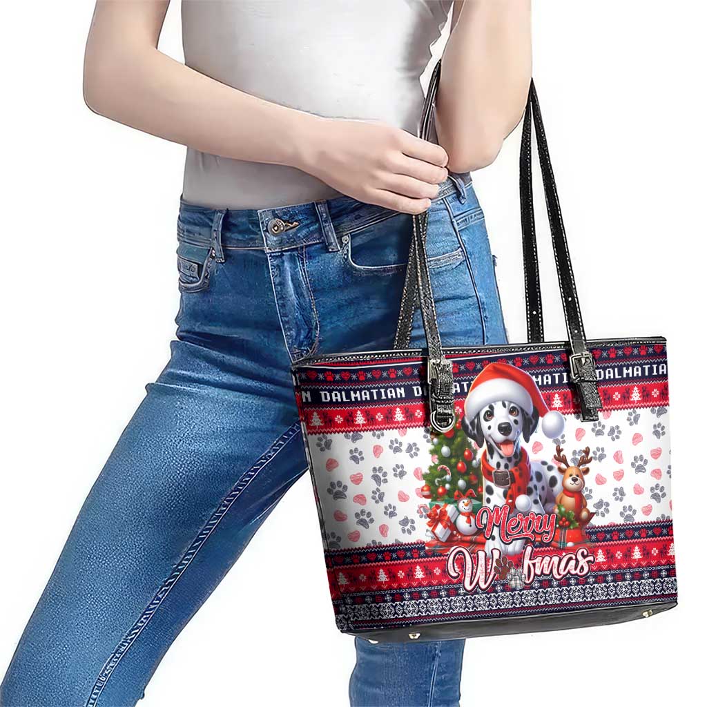 Dalmatian Merry Woofmas Leather Tote Bag Christmas Dog Art Style - Wonder Print Shop