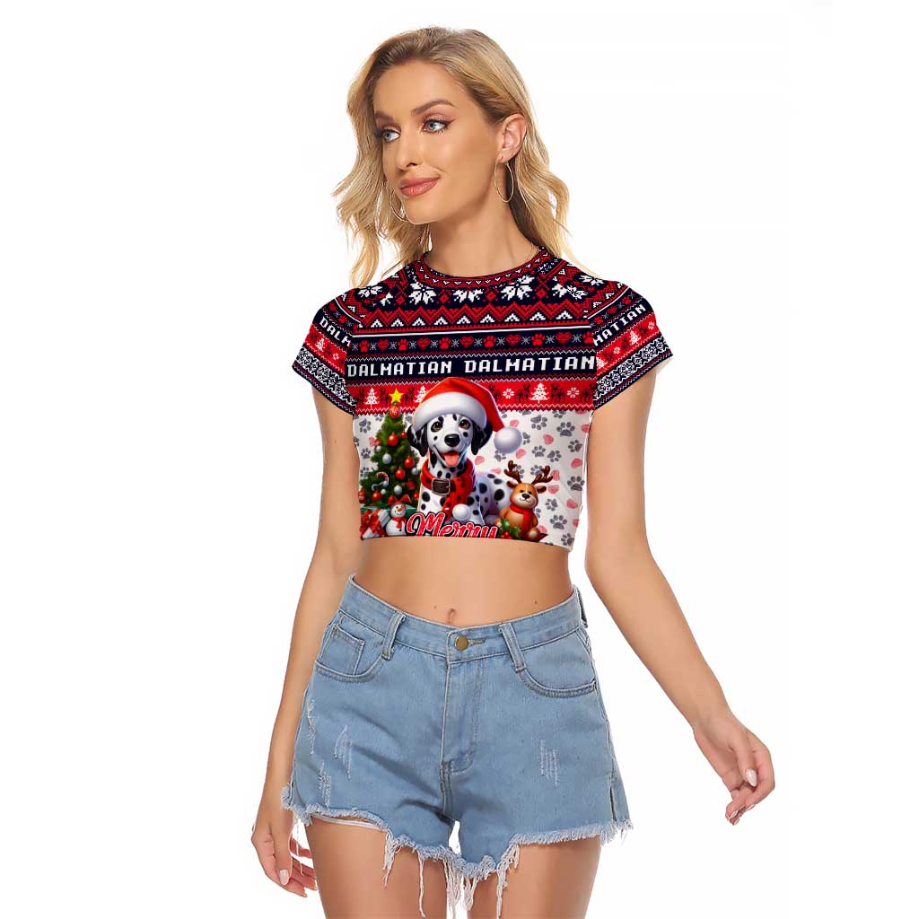 Dalmatian Merry Woofmas Raglan Cropped T Shirt Christmas Dog Art Style - Wonder Print Shop
