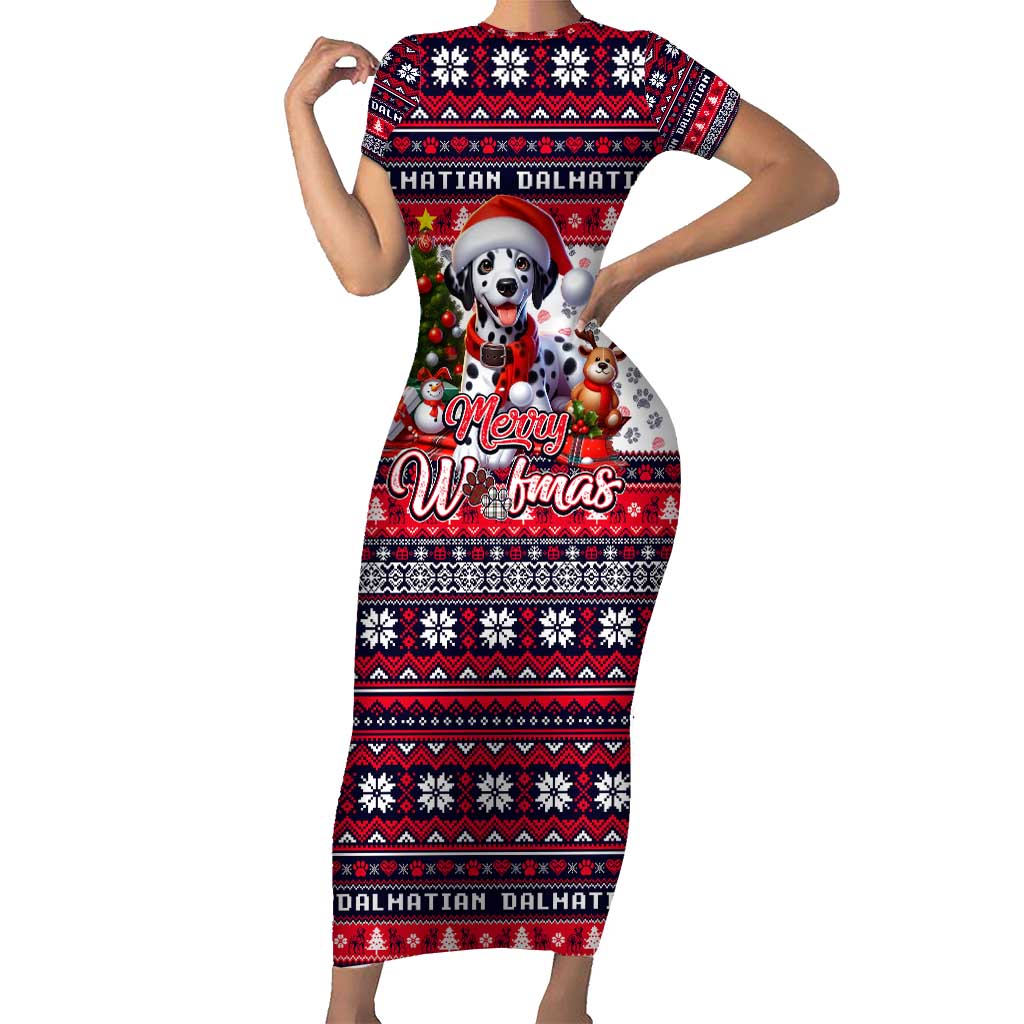 Dalmatian Merry Woofmas Short Sleeve Bodycon Dress Christmas Dog Art Style - Wonder Print Shop