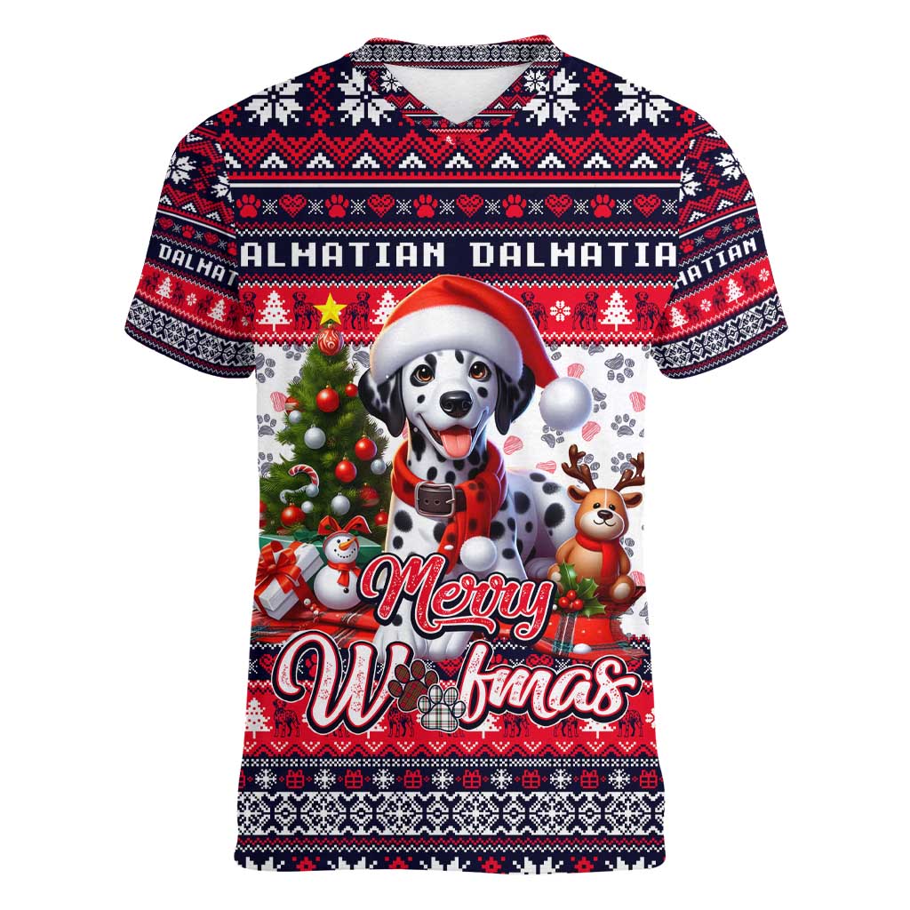 Dalmatian Merry Woofmas Women V-Neck T-Shirt Christmas Dog Art Style - Wonder Print Shop