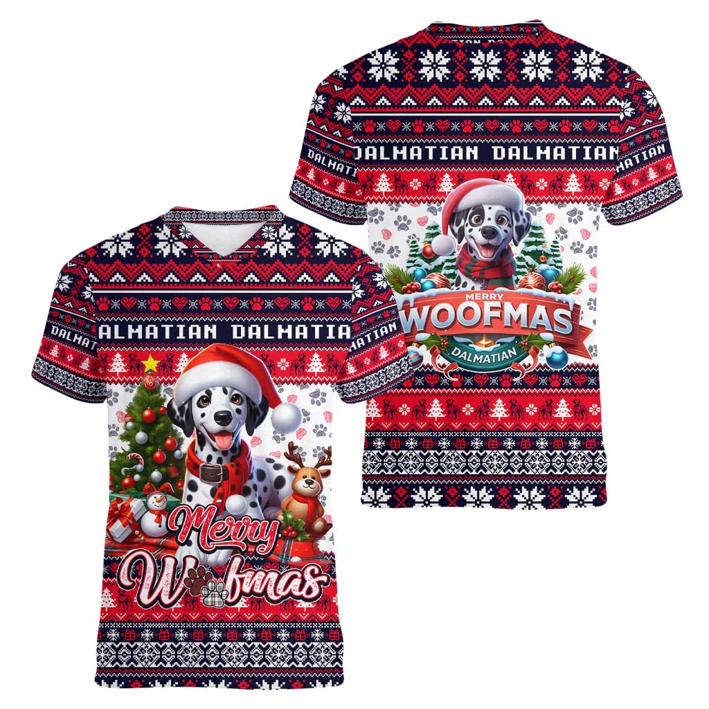 Dalmatian Merry Woofmas Women V-Neck T-Shirt Christmas Dog Art Style - Wonder Print Shop