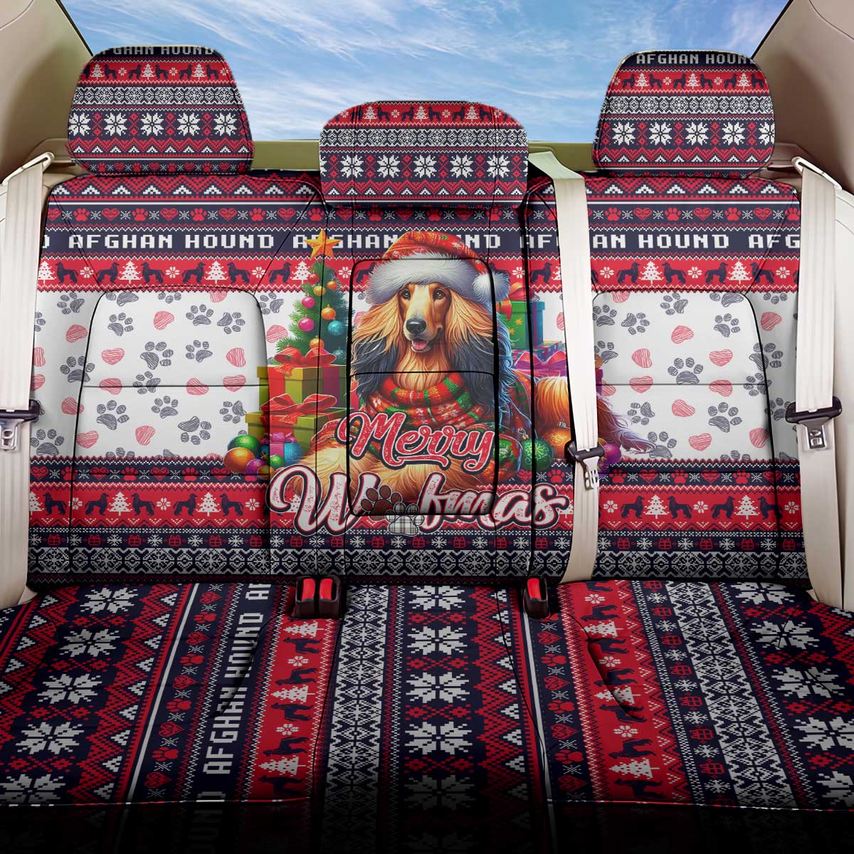 Afghan Hound Merry Woofmas Back Car Seat Cover Christmas Dog Art Style - Wonder Print Shop
