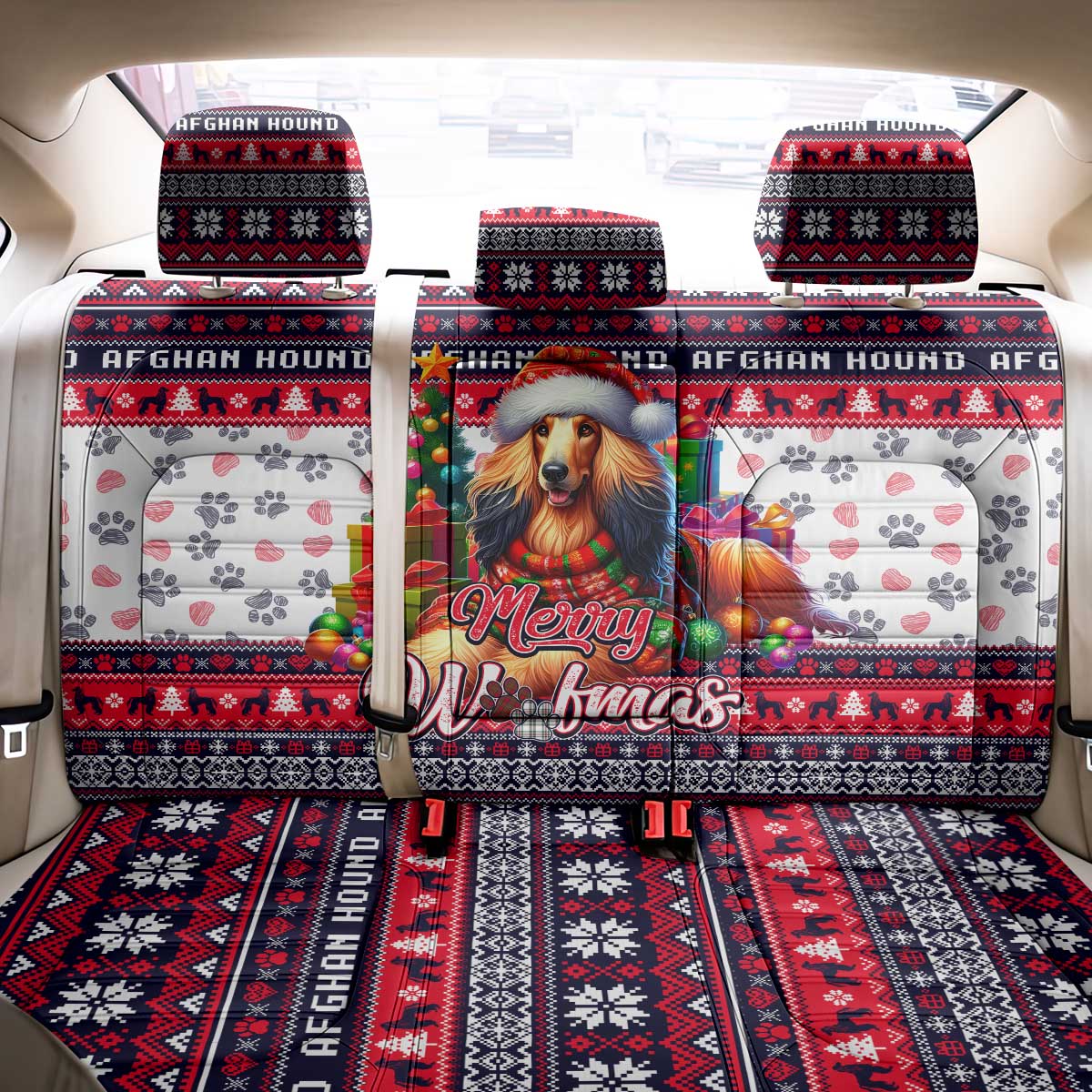 Afghan Hound Merry Woofmas Back Car Seat Cover Christmas Dog Art Style - Wonder Print Shop