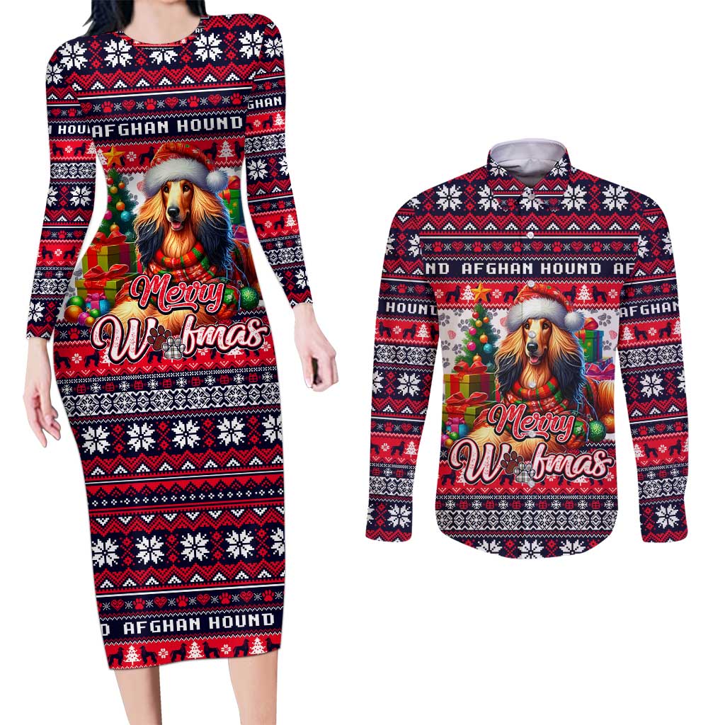 Afghan Hound Merry Woofmas Couples Matching Long Sleeve Bodycon Dress and Long Sleeve Button Shirt Christmas Dog Art Style - Wonder Print Shop