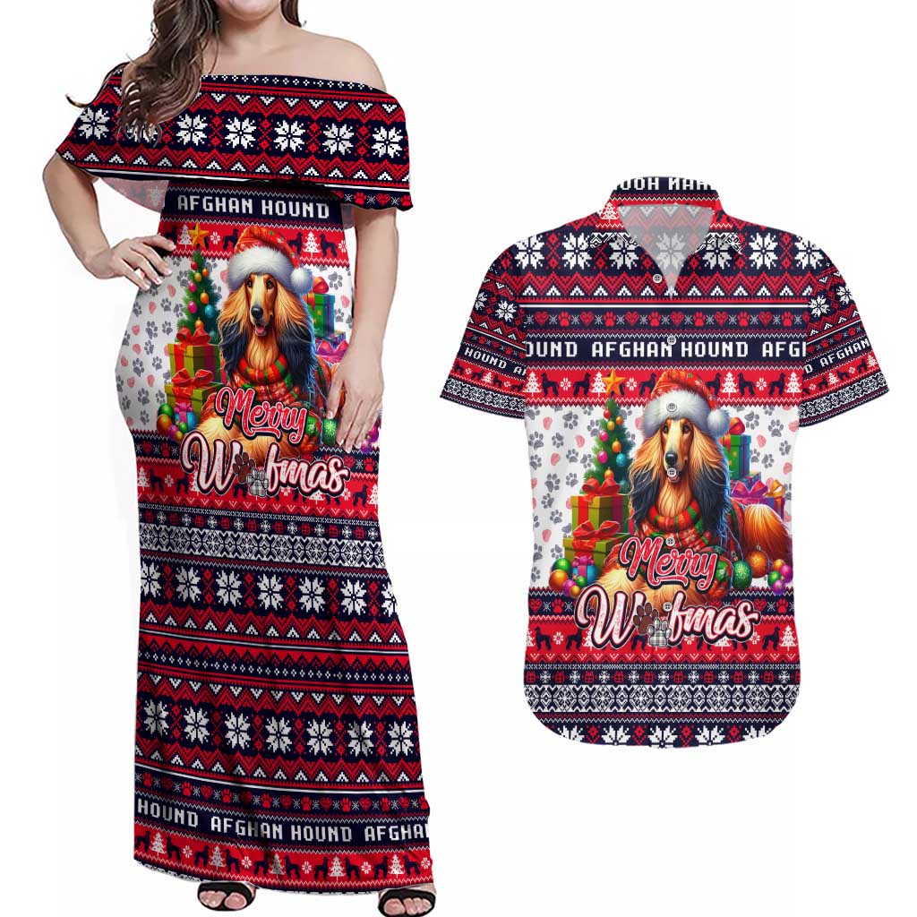 Afghan Hound Merry Woofmas Couples Matching Off Shoulder Maxi Dress and Hawaiian Shirt Christmas Dog Art Style - Wonder Print Shop