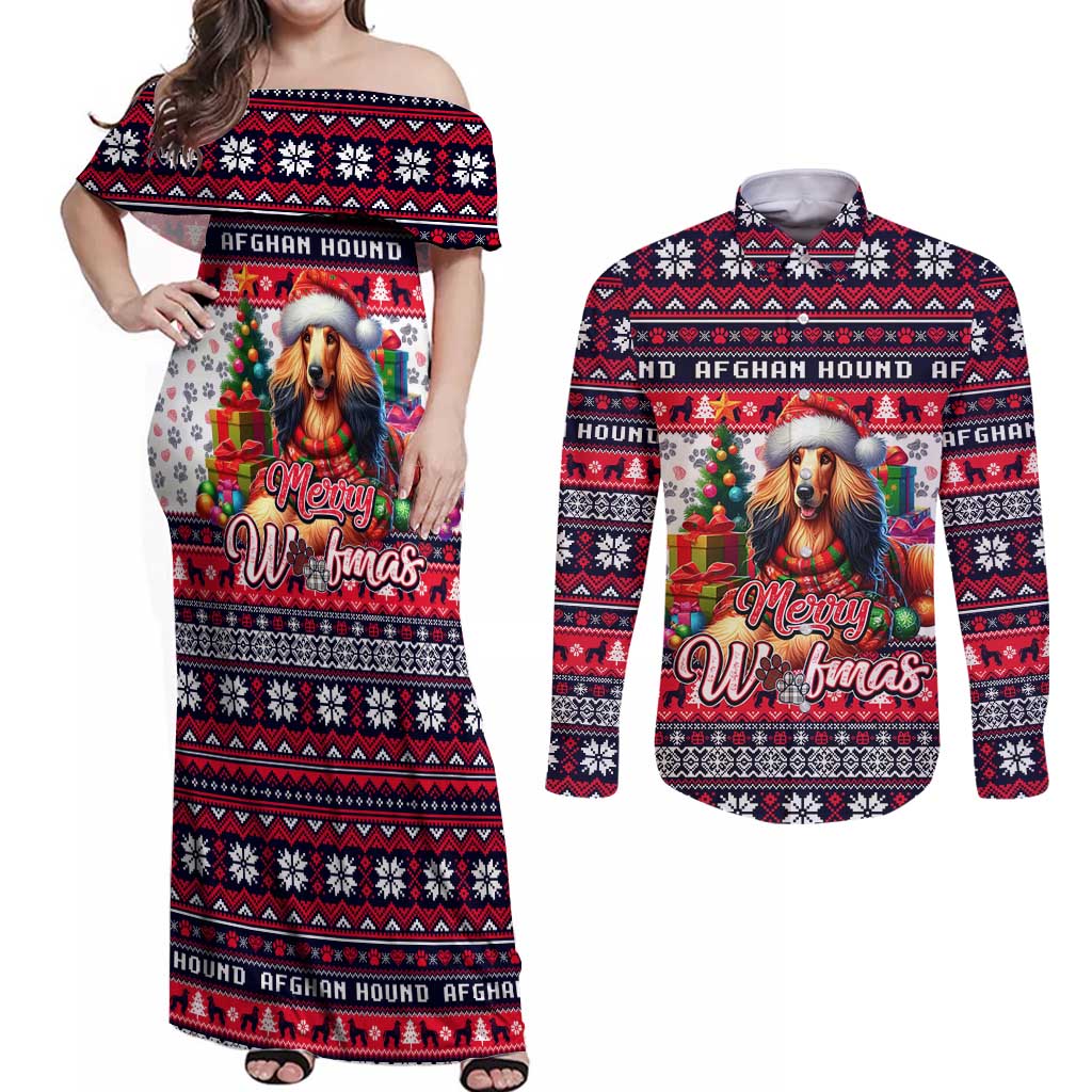 Afghan Hound Merry Woofmas Couples Matching Off Shoulder Maxi Dress and Long Sleeve Button Shirt Christmas Dog Art Style - Wonder Print Shop