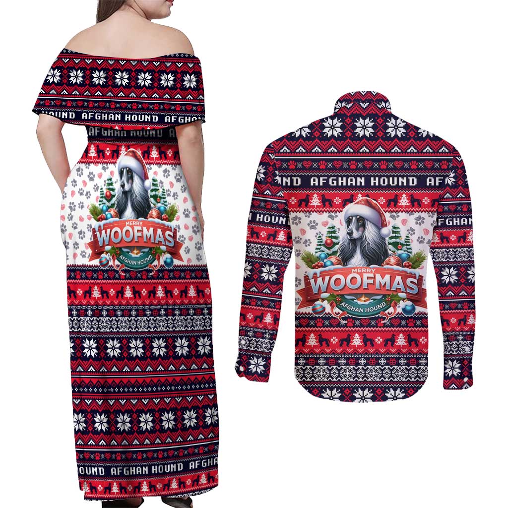 Afghan Hound Merry Woofmas Couples Matching Off Shoulder Maxi Dress and Long Sleeve Button Shirt Christmas Dog Art Style - Wonder Print Shop