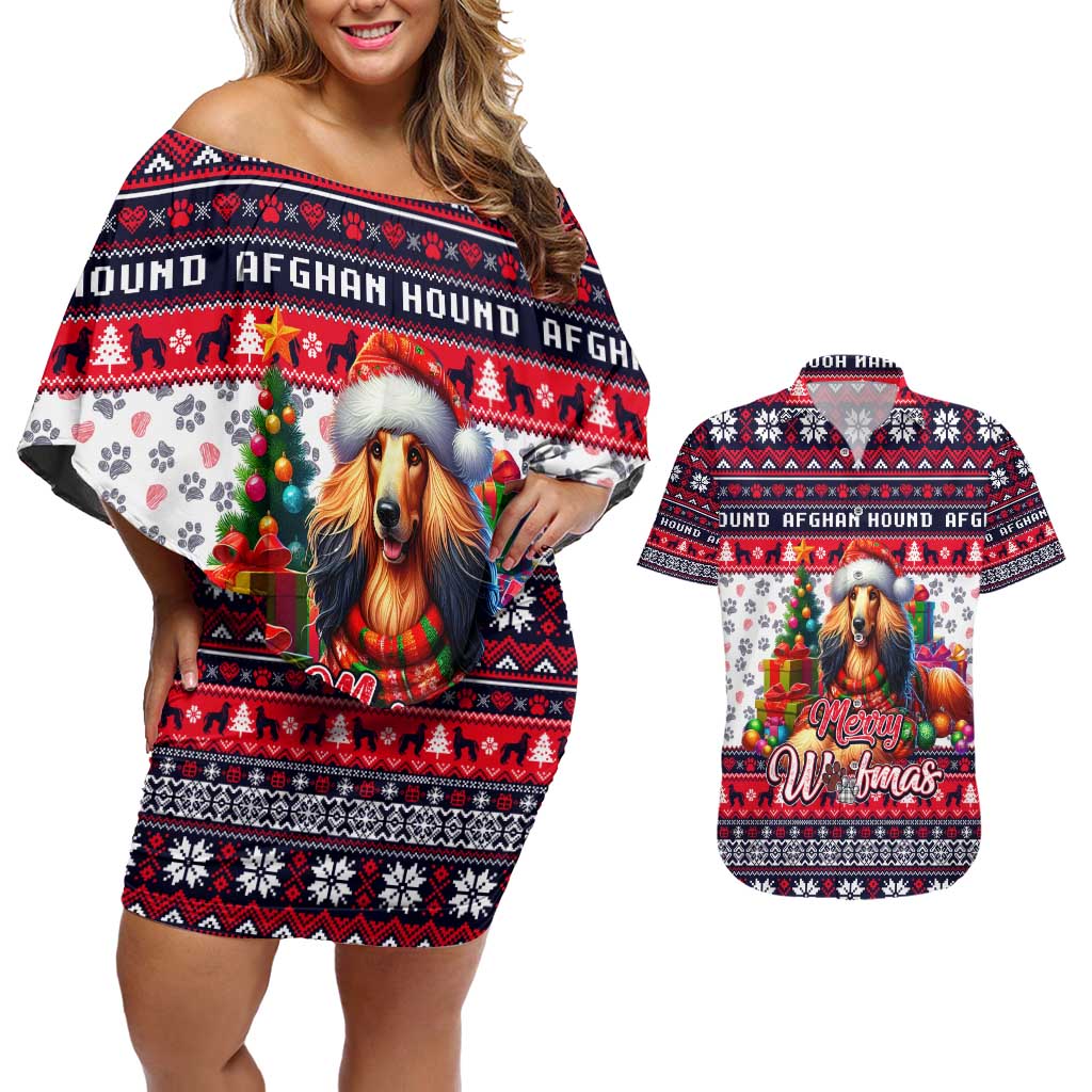 Afghan Hound Merry Woofmas Couples Matching Off Shoulder Short Dress and Hawaiian Shirt Christmas Dog Art Style - Wonder Print Shop