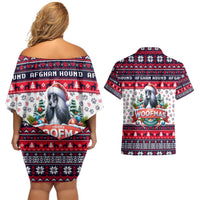Afghan Hound Merry Woofmas Couples Matching Off Shoulder Short Dress and Hawaiian Shirt Christmas Dog Art Style - Wonder Print Shop