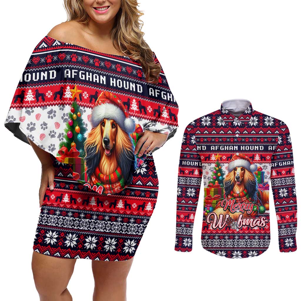 Afghan Hound Merry Woofmas Couples Matching Off Shoulder Short Dress and Long Sleeve Button Shirt Christmas Dog Art Style - Wonder Print Shop