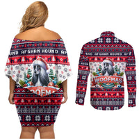 Afghan Hound Merry Woofmas Couples Matching Off Shoulder Short Dress and Long Sleeve Button Shirt Christmas Dog Art Style - Wonder Print Shop
