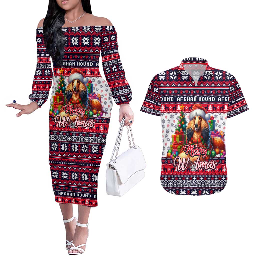Afghan Hound Merry Woofmas Couples Matching Off The Shoulder Long Sleeve Dress and Hawaiian Shirt Christmas Dog Art Style - Wonder Print Shop