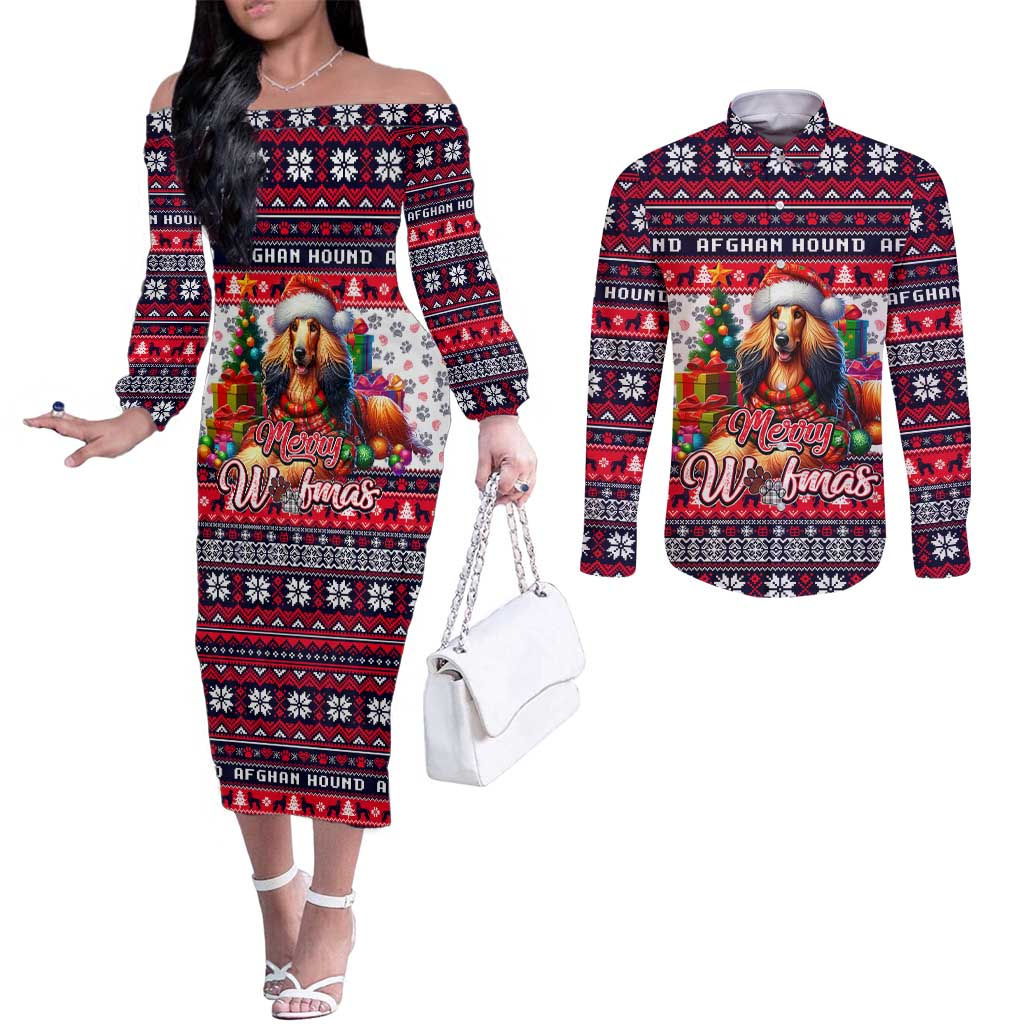 Afghan Hound Merry Woofmas Couples Matching Off The Shoulder Long Sleeve Dress and Long Sleeve Button Shirt Christmas Dog Art Style