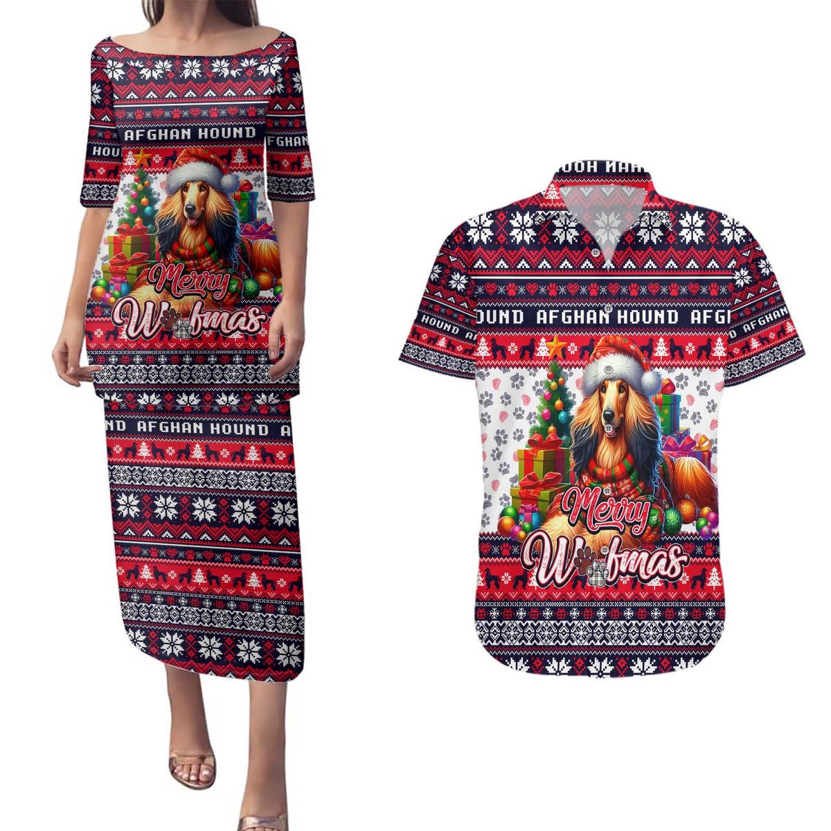 Afghan Hound Merry Woofmas Couples Matching Puletasi and Hawaiian Shirt Christmas Dog Art Style - Wonder Print Shop