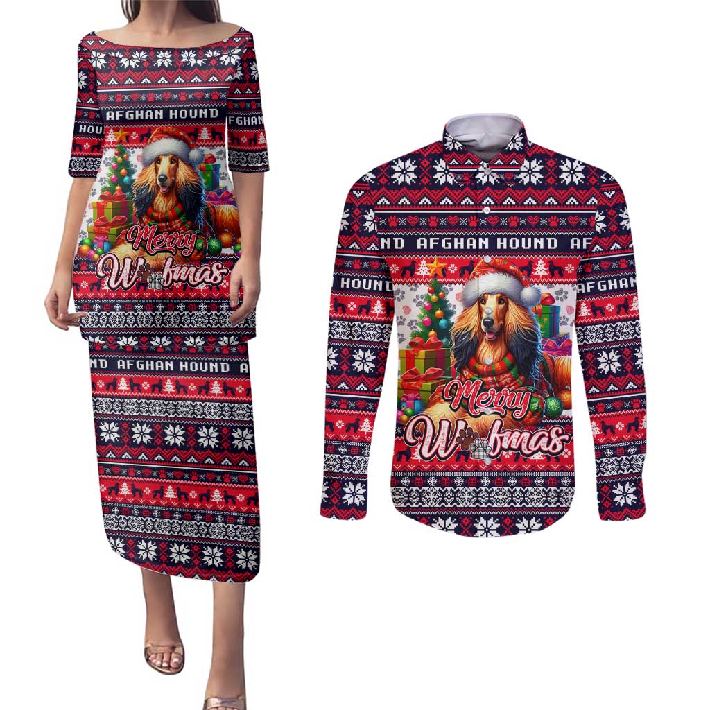 Afghan Hound Merry Woofmas Couples Matching Puletasi and Long Sleeve Button Shirt Christmas Dog Art Style - Wonder Print Shop