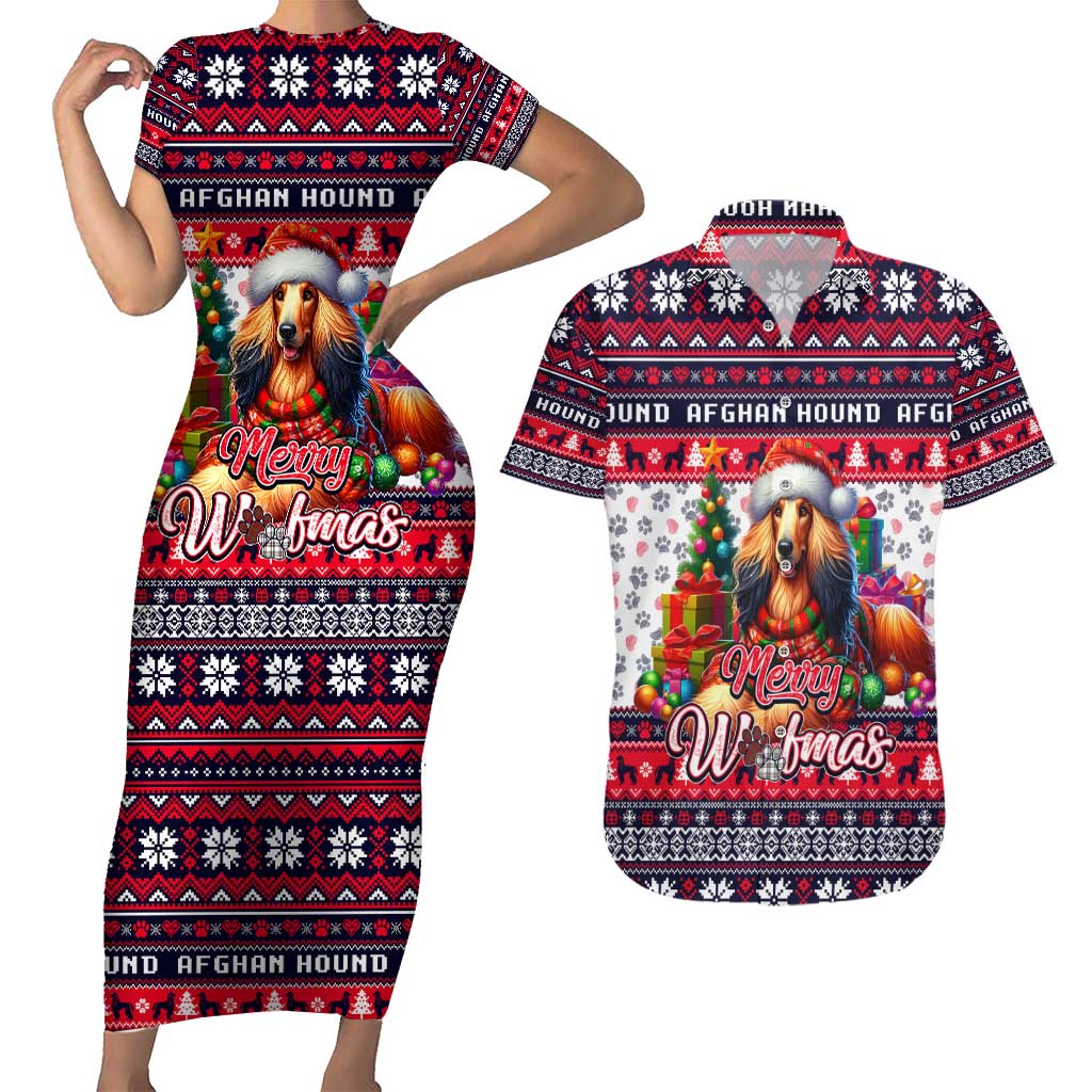 Afghan Hound Merry Woofmas Couples Matching Short Sleeve Bodycon Dress and Hawaiian Shirt Christmas Dog Art Style - Wonder Print Shop