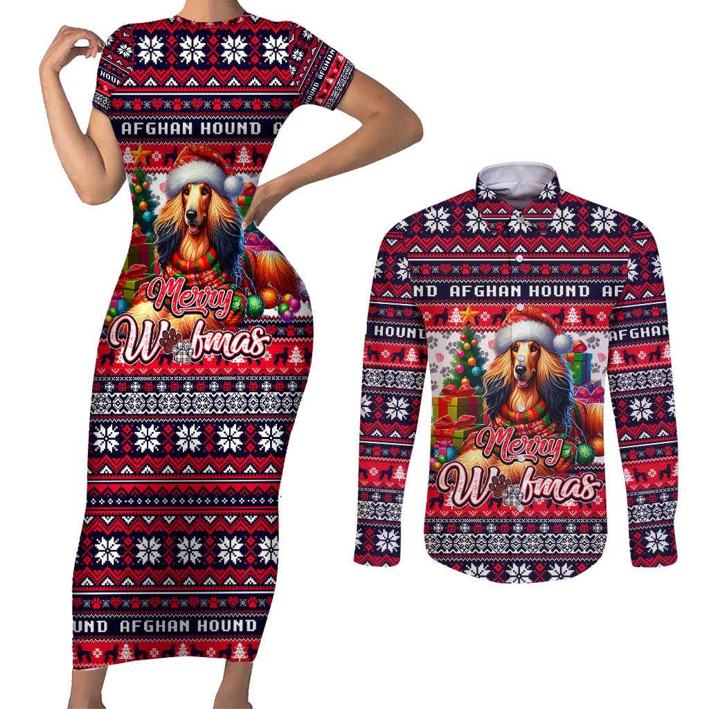 Afghan Hound Merry Woofmas Couples Matching Short Sleeve Bodycon Dress and Long Sleeve Button Shirt Christmas Dog Art Style - Wonder Print Shop
