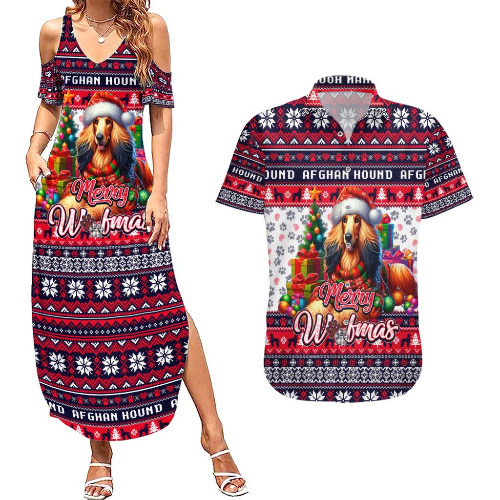 Afghan Hound Merry Woofmas Couples Matching Summer Maxi Dress and Hawaiian Shirt Christmas Dog Art Style - Wonder Print Shop
