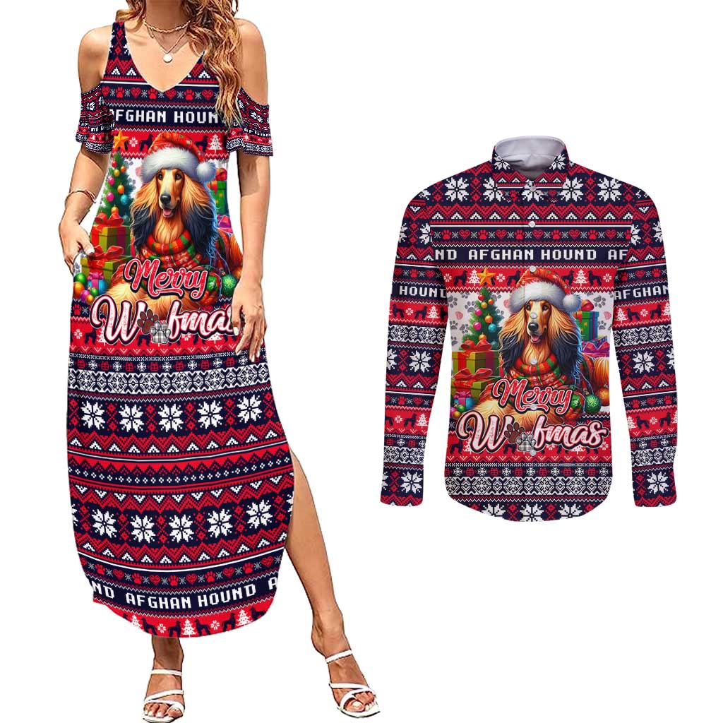 Afghan Hound Merry Woofmas Couples Matching Summer Maxi Dress and Long Sleeve Button Shirt Christmas Dog Art Style - Wonder Print Shop