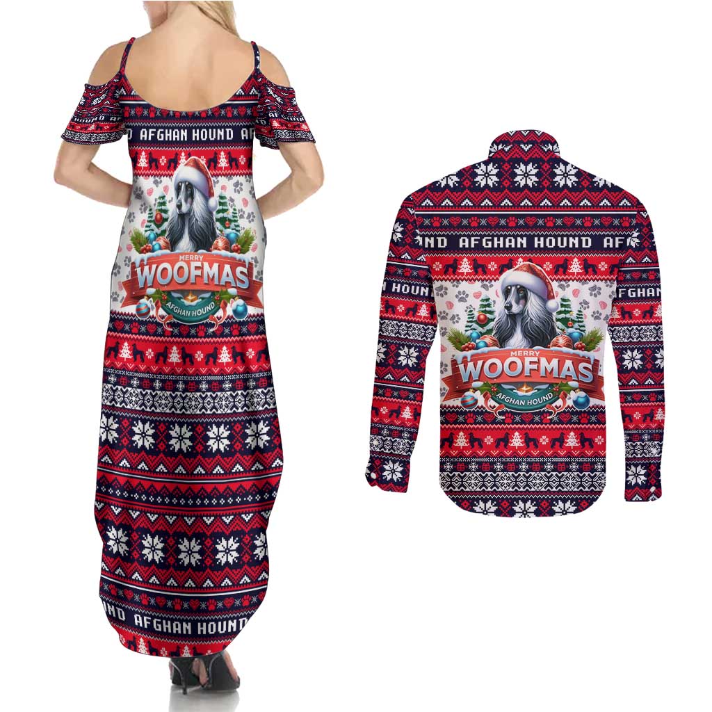 Afghan Hound Merry Woofmas Couples Matching Summer Maxi Dress and Long Sleeve Button Shirt Christmas Dog Art Style - Wonder Print Shop