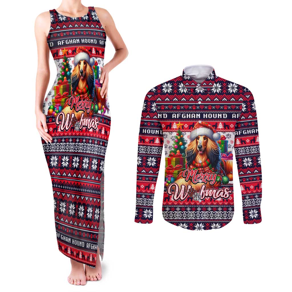 Afghan Hound Merry Woofmas Couples Matching Tank Maxi Dress and Long Sleeve Button Shirt Christmas Dog Art Style - Wonder Print Shop