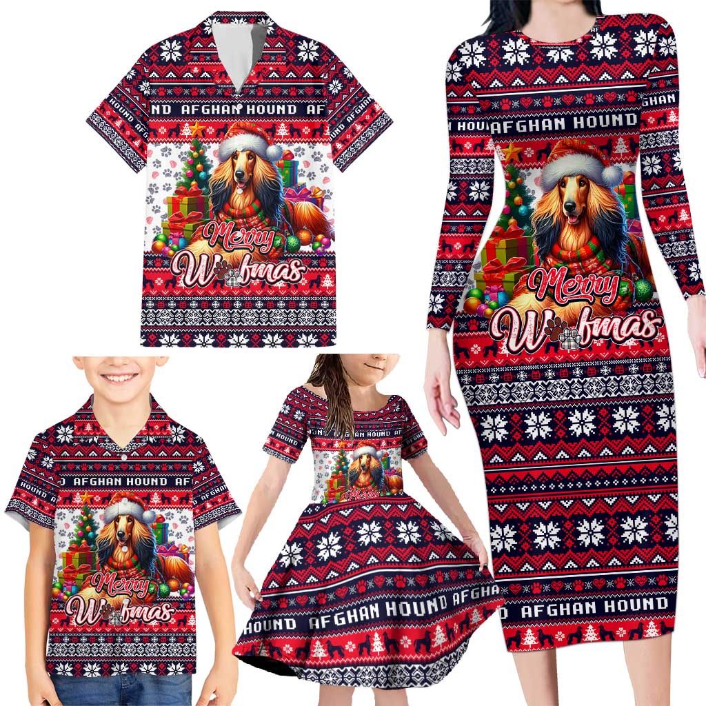 Afghan Hound Merry Woofmas Family Matching Long Sleeve Bodycon Dress and Hawaiian Shirt Christmas Dog Art Style - Wonder Print Shop