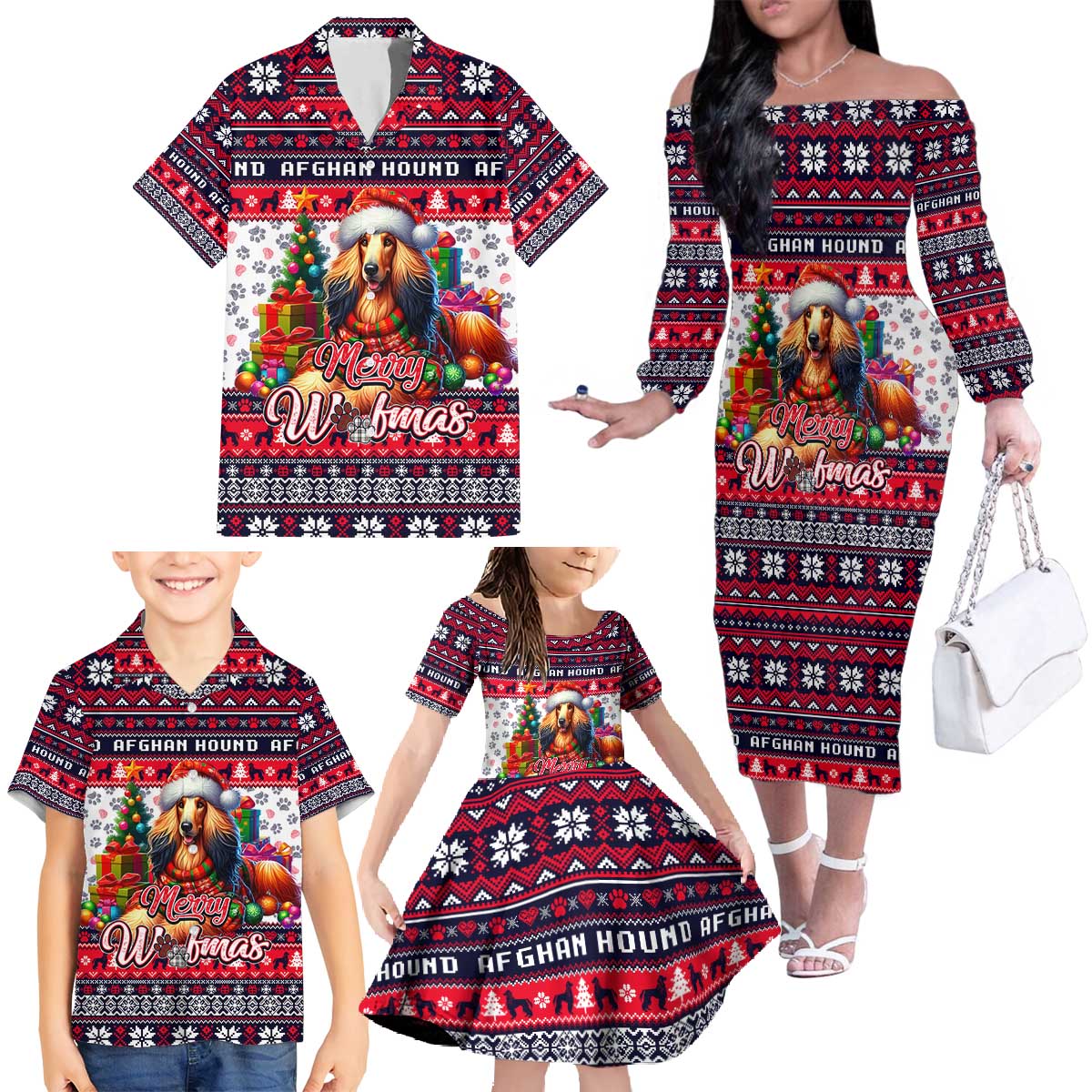 Afghan Hound Merry Woofmas Family Matching Off The Shoulder Long Sleeve Dress and Hawaiian Shirt Christmas Dog Art Style - Wonder Print Shop