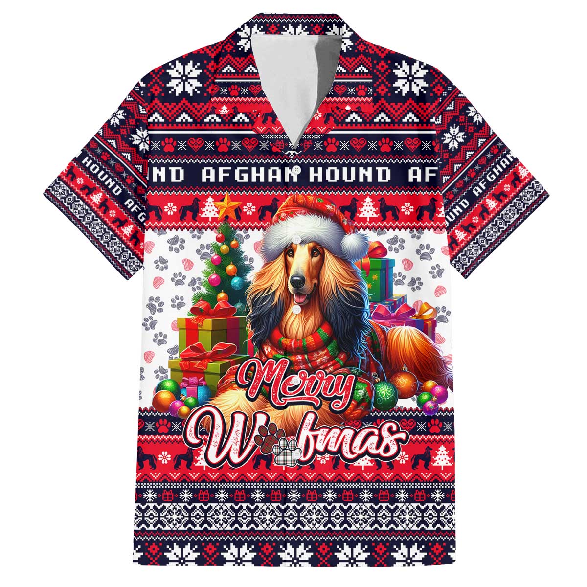 Afghan Hound Merry Woofmas Family Matching Off The Shoulder Long Sleeve Dress and Hawaiian Shirt Christmas Dog Art Style - Wonder Print Shop