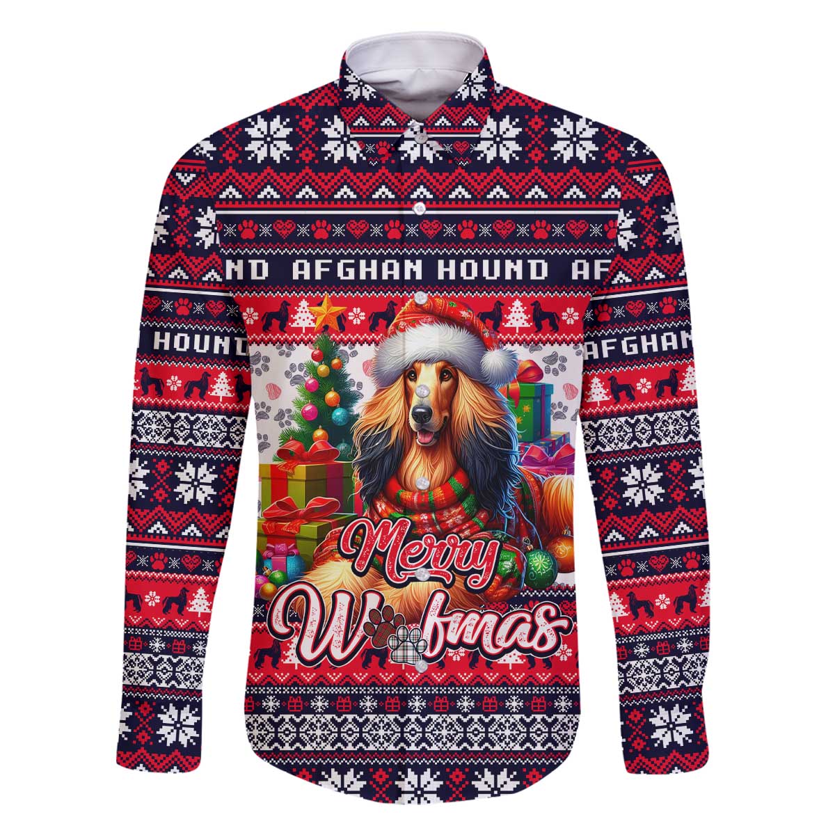 Afghan Hound Merry Woofmas Family Matching Off The Shoulder Long Sleeve Dress and Hawaiian Shirt Christmas Dog Art Style - Wonder Print Shop
