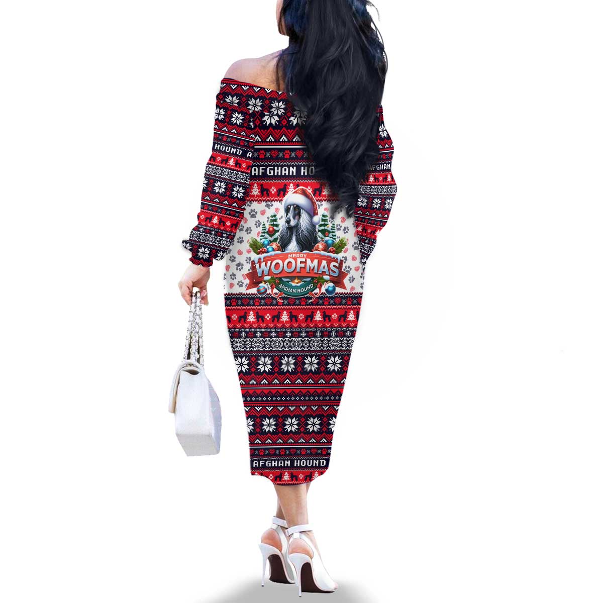Afghan Hound Merry Woofmas Family Matching Off The Shoulder Long Sleeve Dress and Hawaiian Shirt Christmas Dog Art Style - Wonder Print Shop