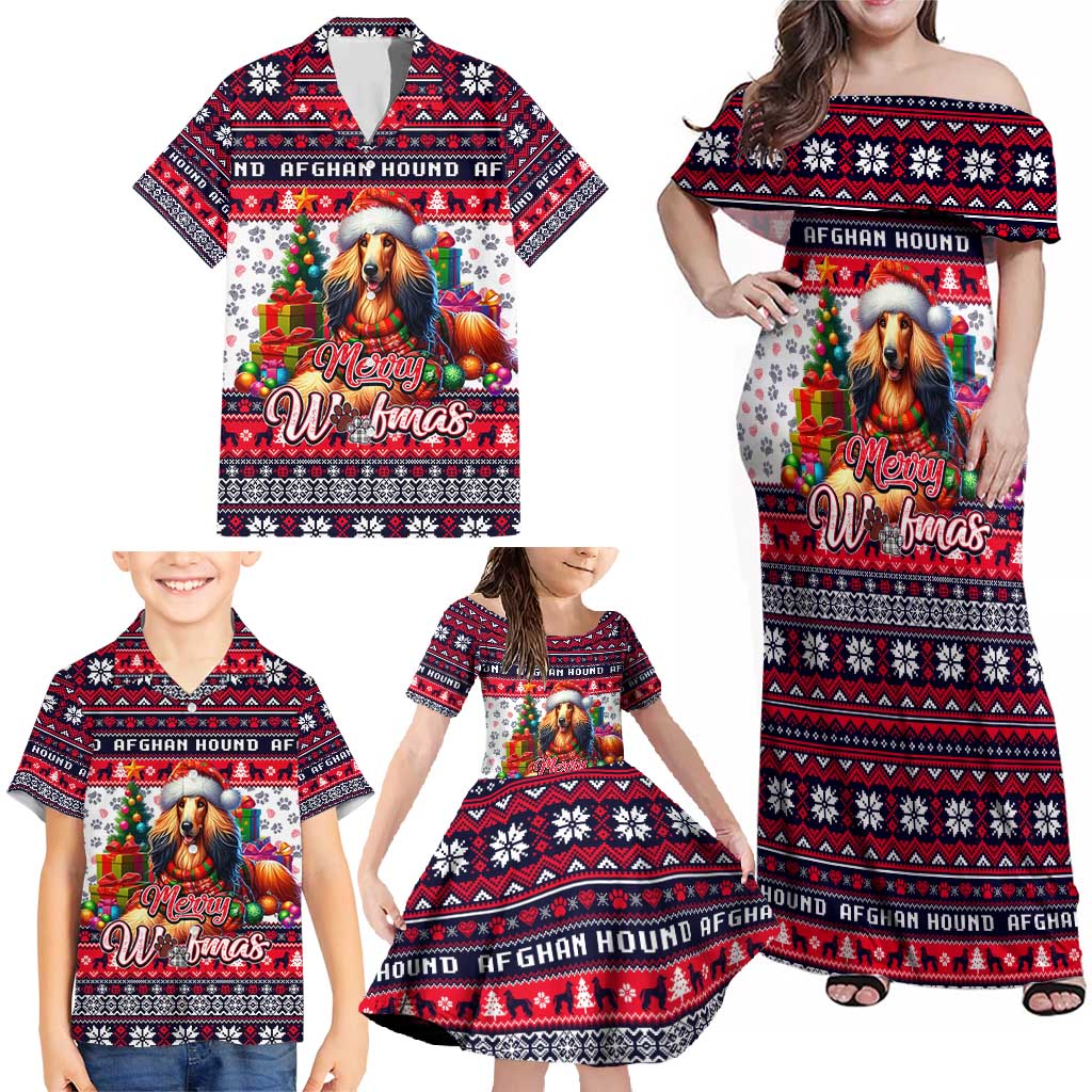 Afghan Hound Merry Woofmas Family Matching Off Shoulder Maxi Dress and Hawaiian Shirt Christmas Dog Art Style - Wonder Print Shop