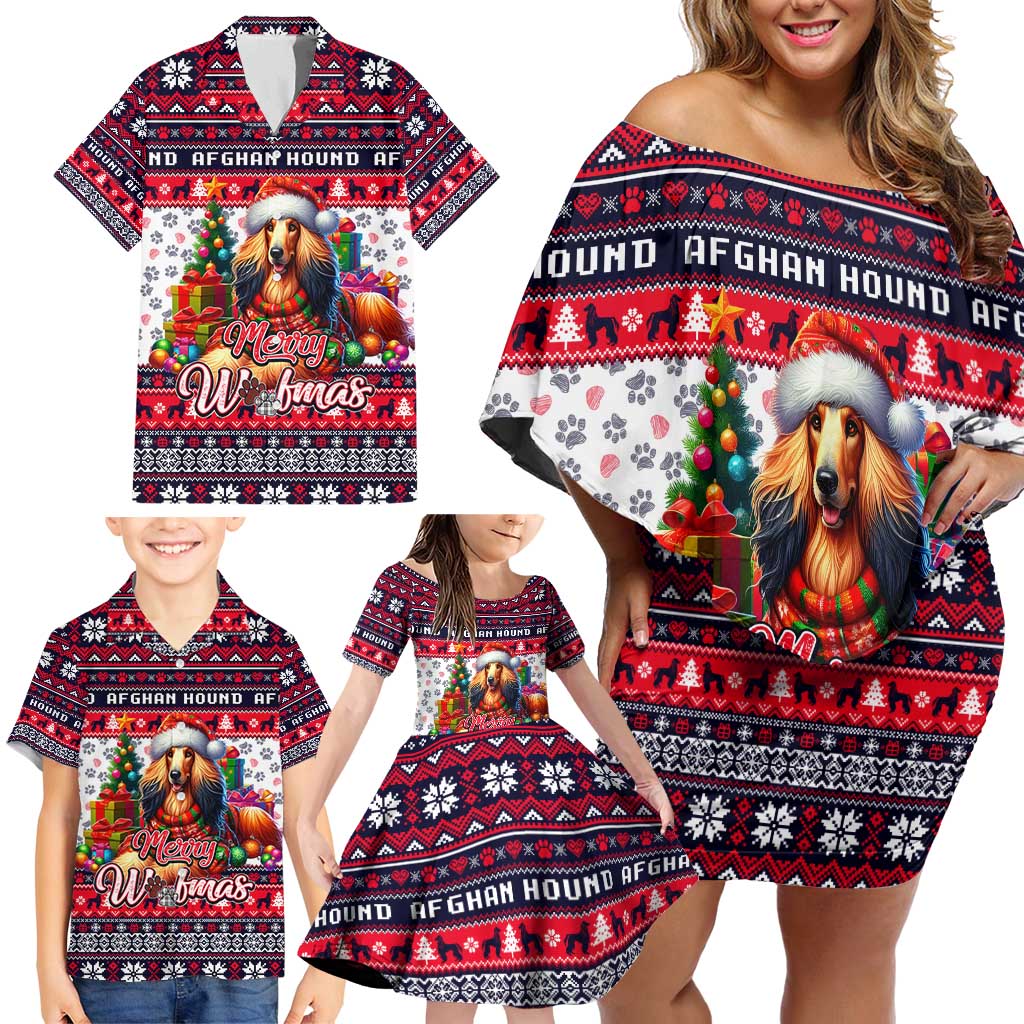 Afghan Hound Merry Woofmas Family Matching Off Shoulder Short Dress and Hawaiian Shirt Christmas Dog Art Style - Wonder Print Shop