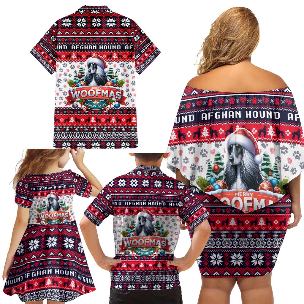 Afghan Hound Merry Woofmas Family Matching Off Shoulder Short Dress and Hawaiian Shirt Christmas Dog Art Style - Wonder Print Shop