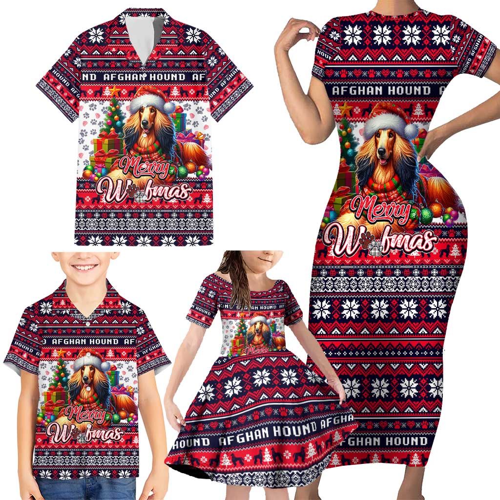 Afghan Hound Merry Woofmas Family Matching Short Sleeve Bodycon Dress and Hawaiian Shirt Christmas Dog Art Style - Wonder Print Shop