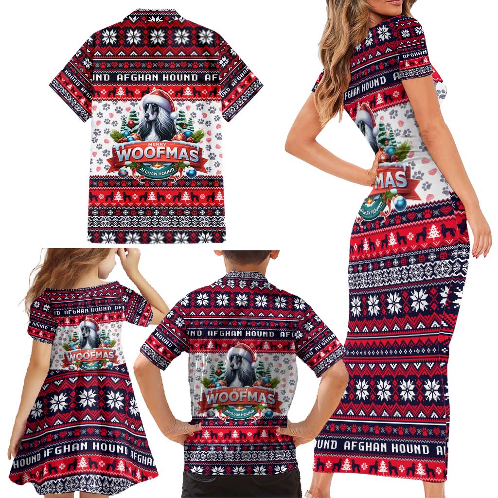 Afghan Hound Merry Woofmas Family Matching Short Sleeve Bodycon Dress and Hawaiian Shirt Christmas Dog Art Style - Wonder Print Shop