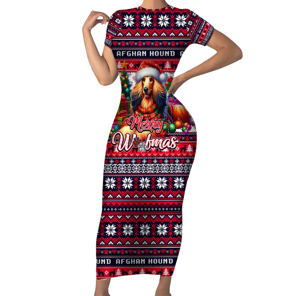 Afghan Hound Merry Woofmas Family Matching Short Sleeve Bodycon Dress and Hawaiian Shirt Christmas Dog Art Style - Wonder Print Shop