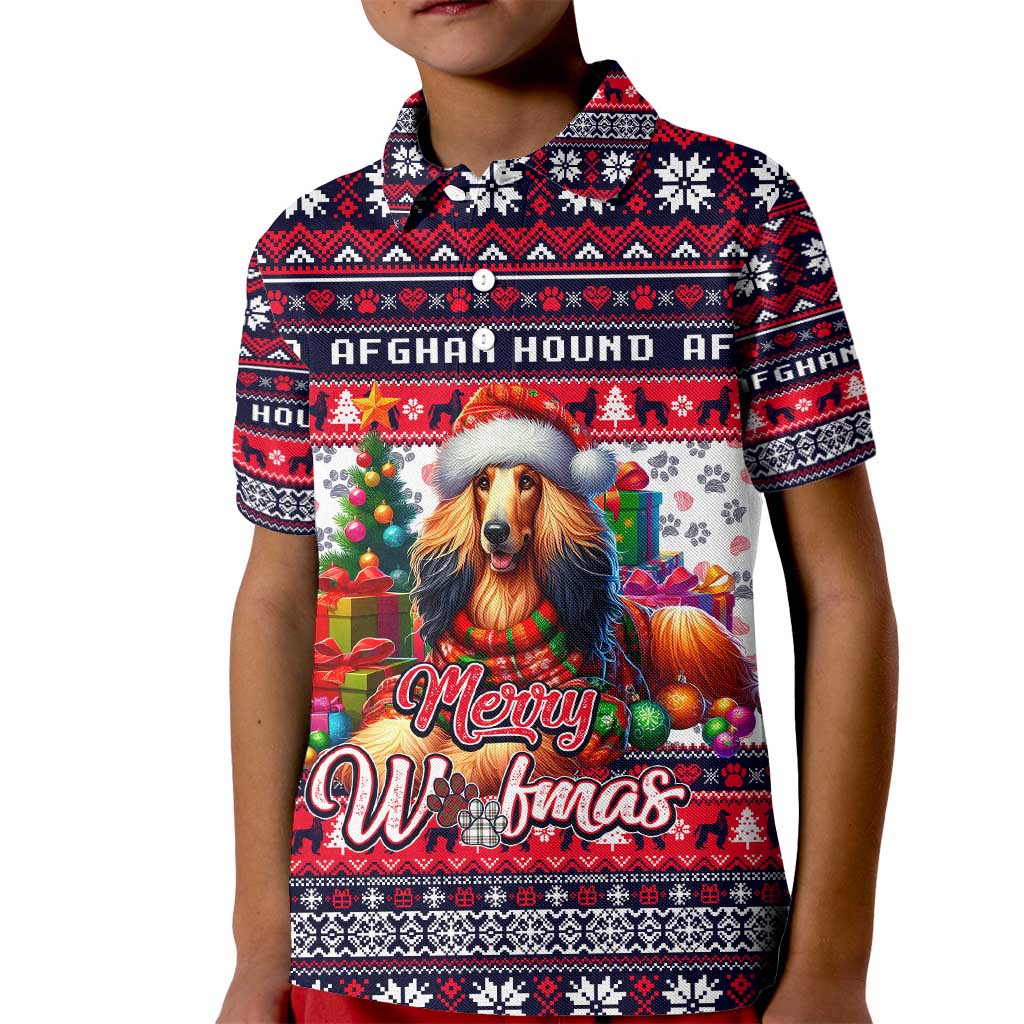 Afghan Hound Merry Woofmas Kid Polo Shirt Christmas Dog Art Style - Wonder Print Shop
