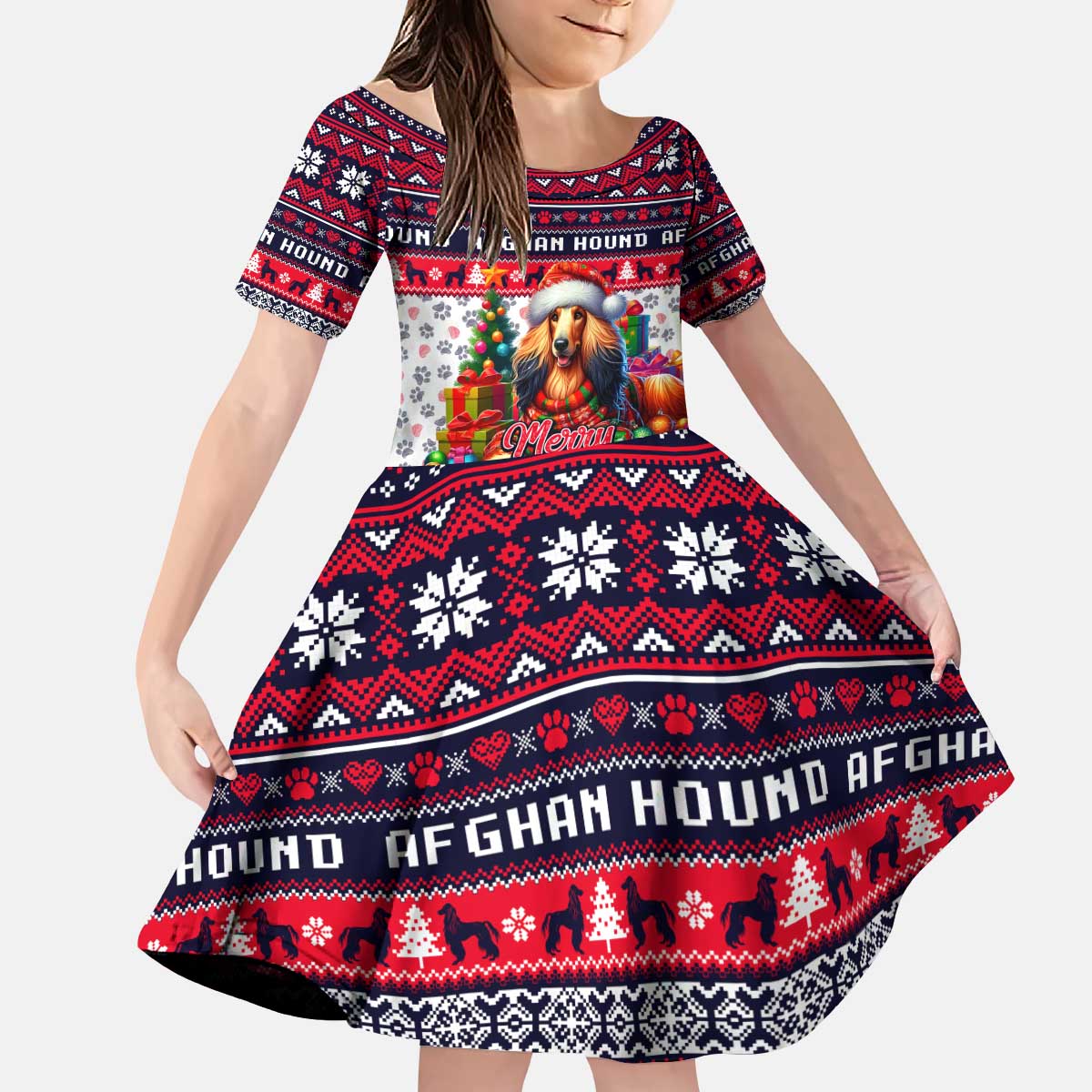 Afghan Hound Merry Woofmas Kid Short Sleeve Dress Christmas Dog Art Style - Wonder Print Shop