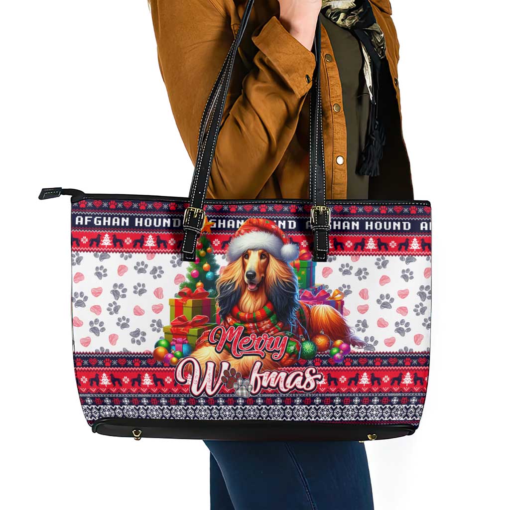 Afghan Hound Merry Woofmas Leather Tote Bag Christmas Dog Art Style - Wonder Print Shop