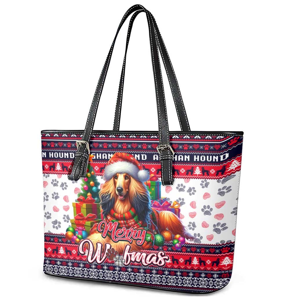 Afghan Hound Merry Woofmas Leather Tote Bag Christmas Dog Art Style - Wonder Print Shop