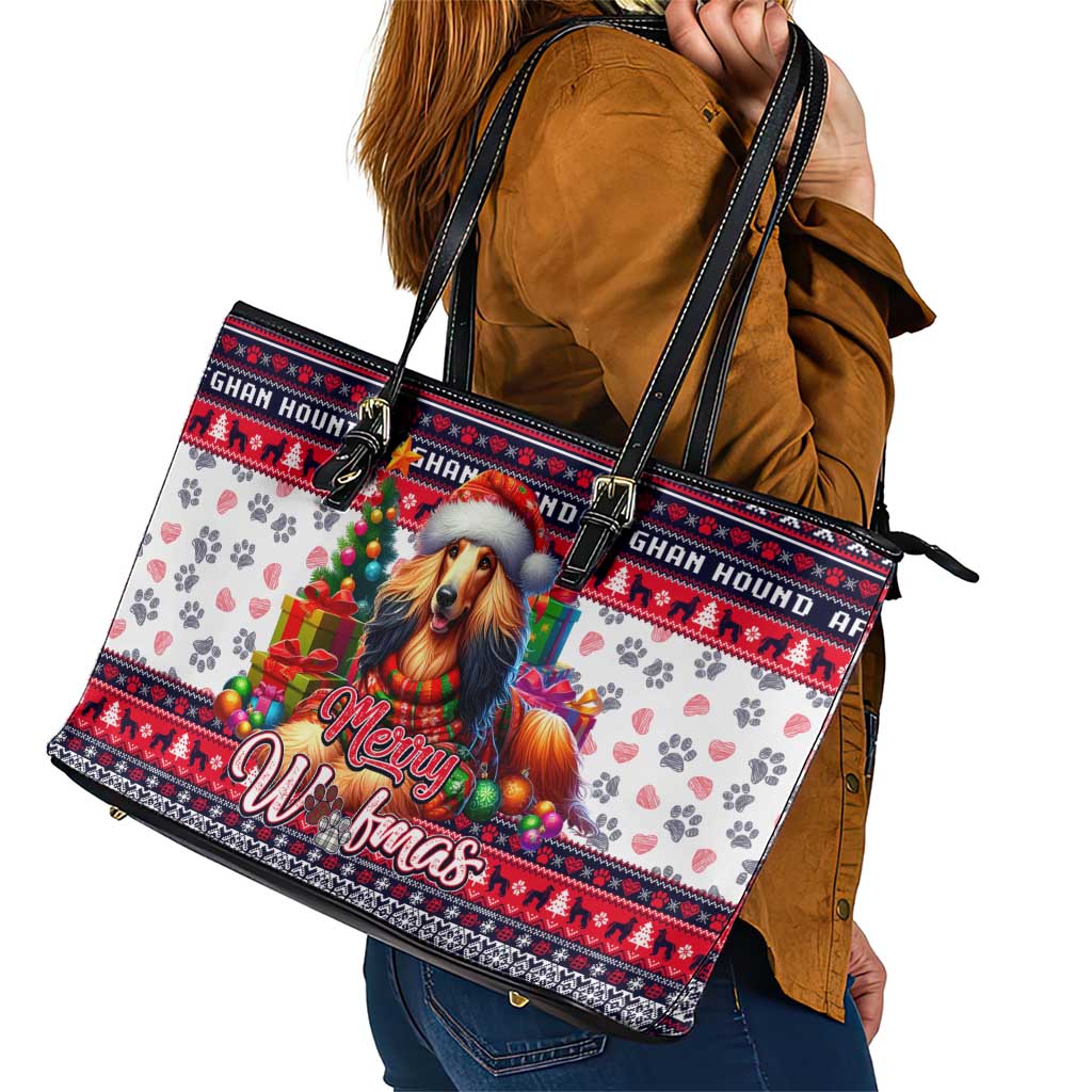 Afghan Hound Merry Woofmas Leather Tote Bag Christmas Dog Art Style - Wonder Print Shop