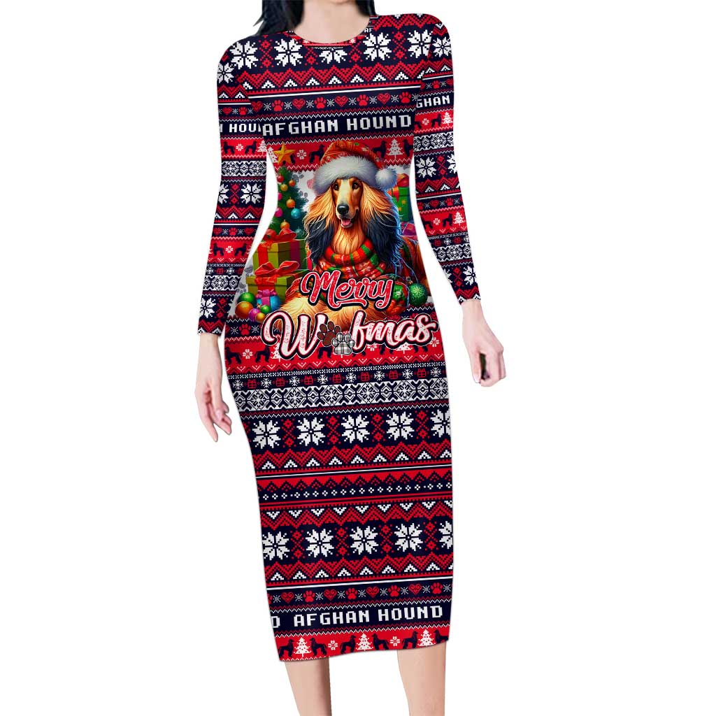 Afghan Hound Merry Woofmas Long Sleeve Bodycon Dress Christmas Dog Art Style - Wonder Print Shop