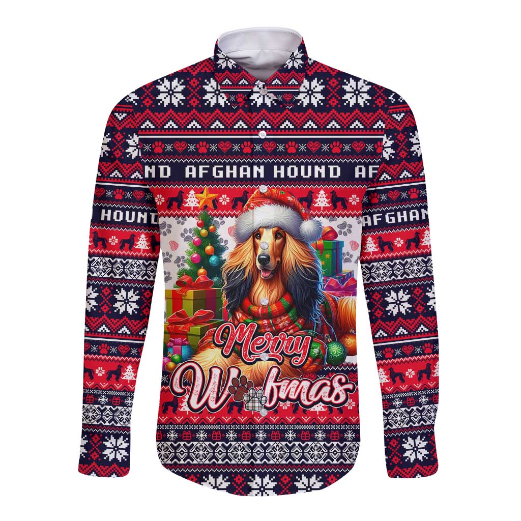 Afghan Hound Merry Woofmas Long Sleeve Button Shirt Christmas Dog Art Style - Wonder Print Shop