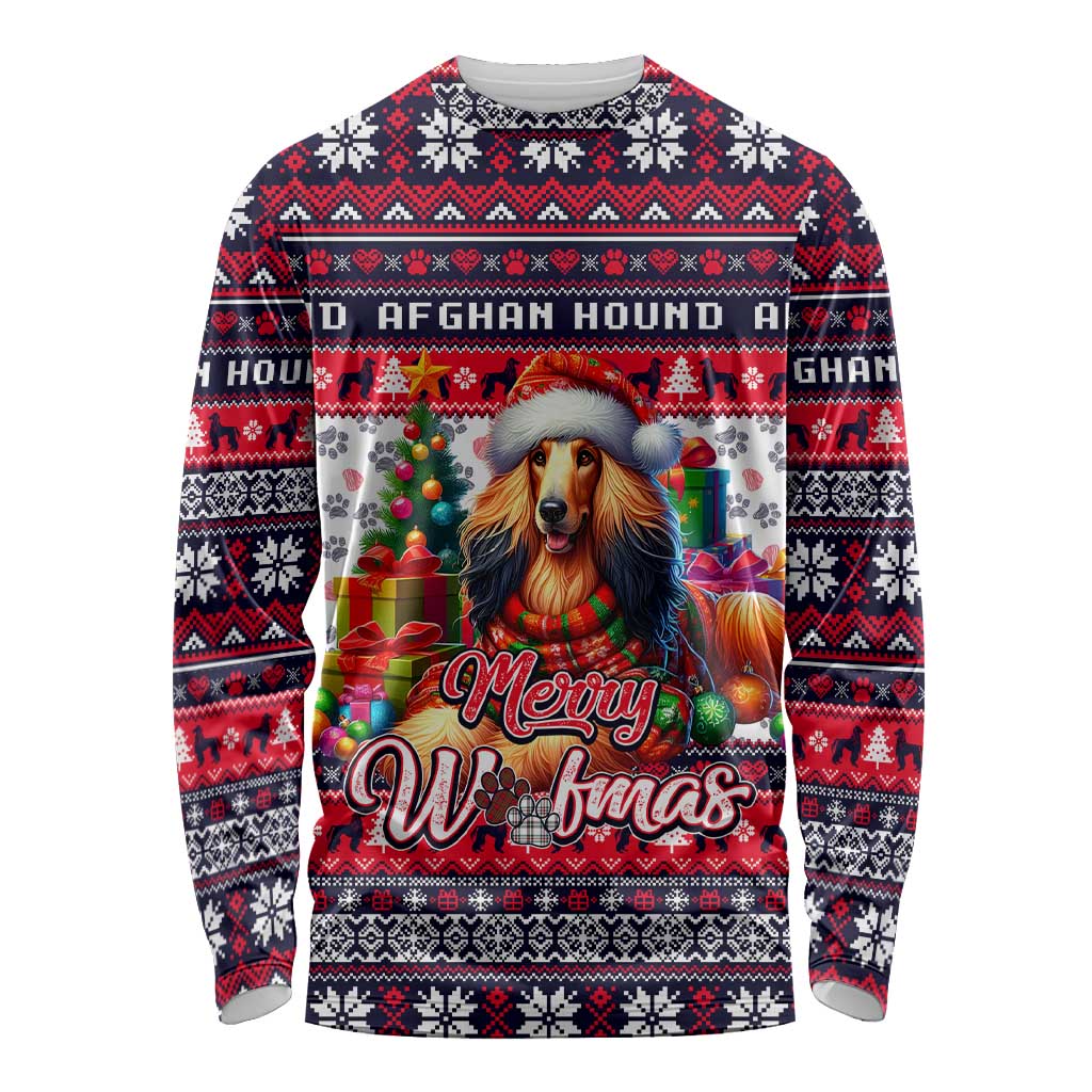 Afghan Hound Merry Woofmas Long Sleeve Shirt Christmas Dog Art Style - Wonder Print Shop