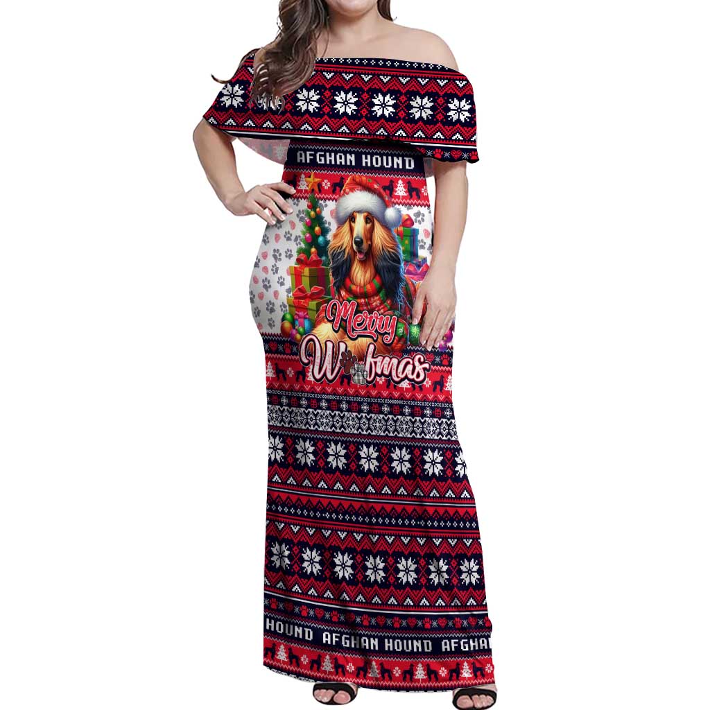 Afghan Hound Merry Woofmas Off Shoulder Maxi Dress Christmas Dog Art Style - Wonder Print Shop