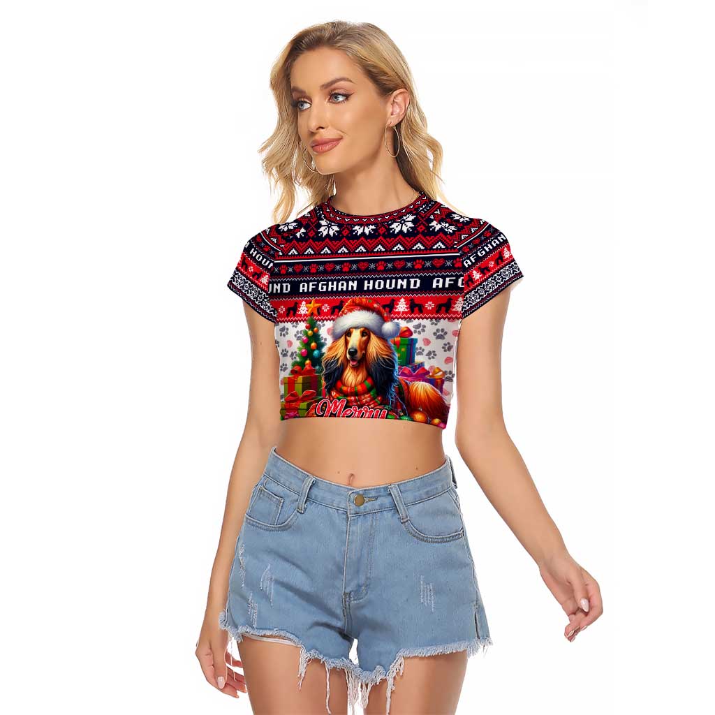 Afghan Hound Merry Woofmas Raglan Cropped T Shirt Christmas Dog Art Style - Wonder Print Shop