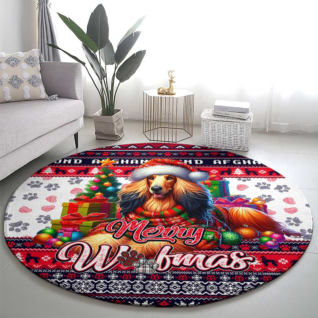 Afghan Hound Merry Woofmas Round Carpet Christmas Dog Art Style