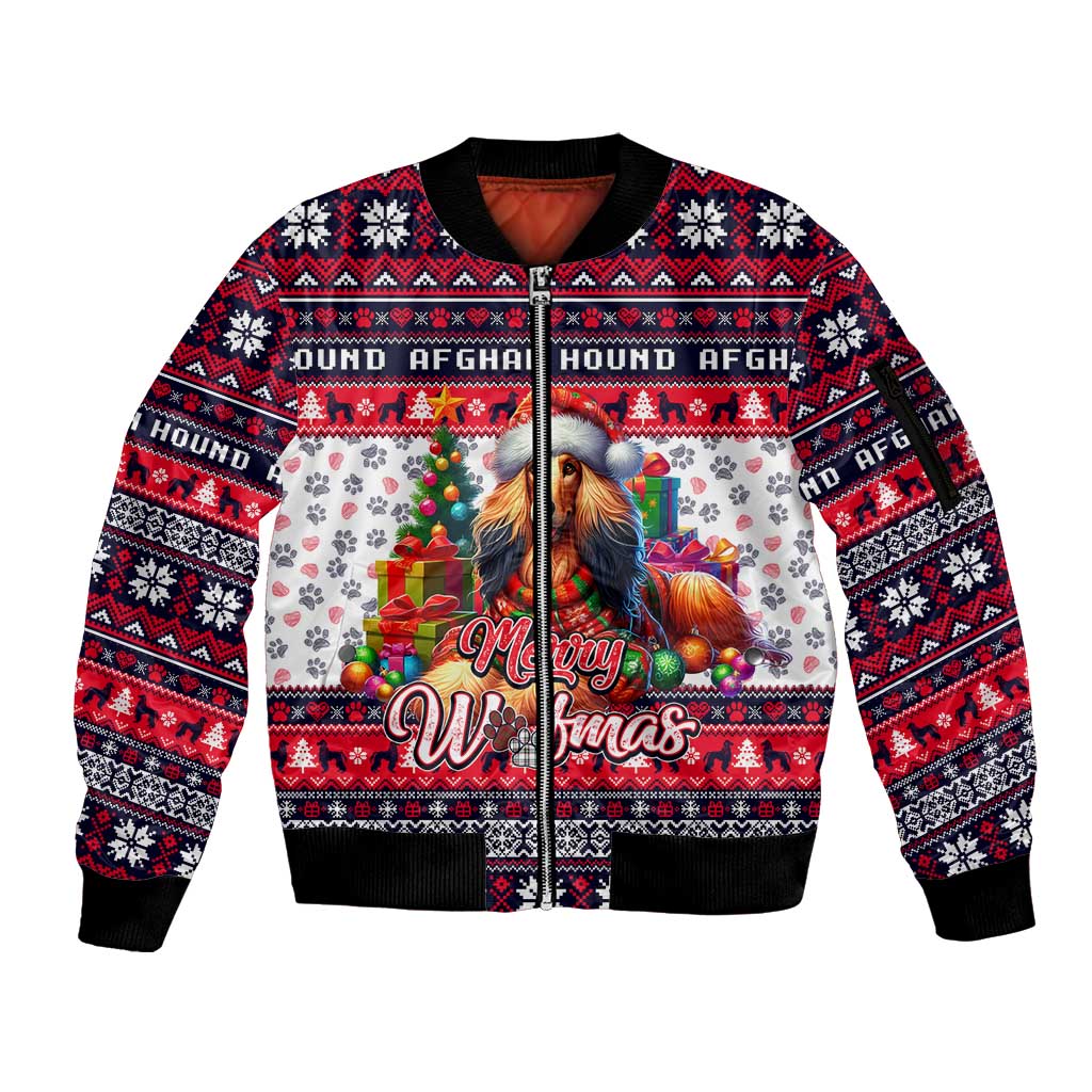 Afghan Hound Merry Woofmas Sleeve Zip Bomber Jacket Christmas Dog Art Style - Wonder Print Shop