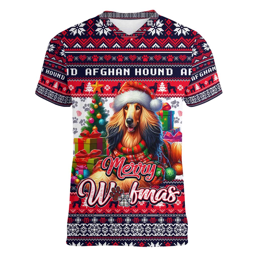 Afghan Hound Merry Woofmas Women V-Neck T-Shirt Christmas Dog Art Style - Wonder Print Shop