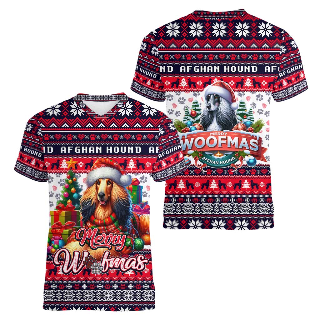 Afghan Hound Merry Woofmas Women V-Neck T-Shirt Christmas Dog Art Style - Wonder Print Shop